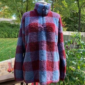 EDDIE BAUER XL High Neck Blue & Maroon Plaid Fleece Sherpa Top 1/4 Zip